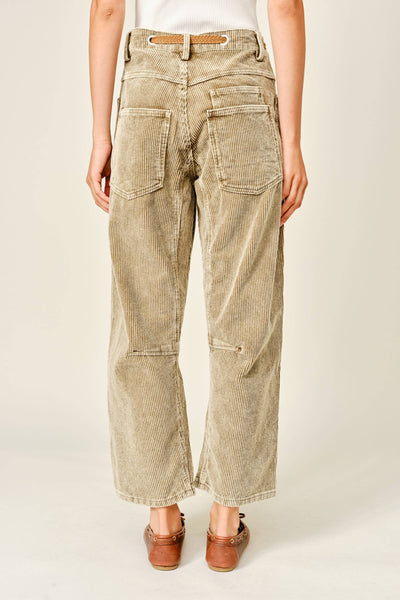 BARREL CORDUROY PANTS WITH EYELET WAIST: CAMEL