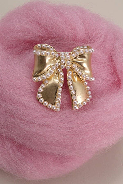 GOLD PEARL BOW RIBBON BOW KNOT BROOCH: Gold