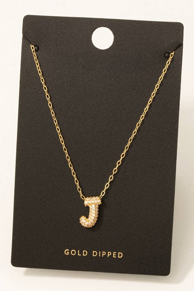 Gold Dipped Cz Pave Bubble Letter Pendant Necklace: R - Lulu Bella Boutique