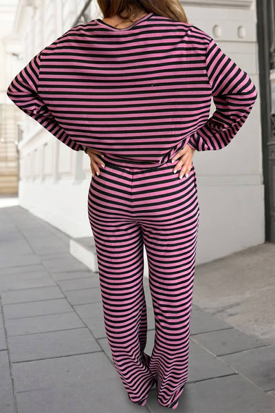 Striped Print Top Drawstring Casual Pants Set
