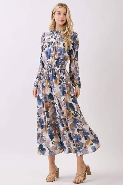 SMOCK NECK & WAIST RUFFLE MAXI FRONT SLIT DRESS: PURPLE BLUE