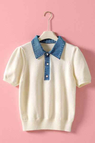 Contrast Denim Collar Knit Sweater Top: IVORY BLUE / S-M-L:2-2-2 - Lulu Bella Boutique