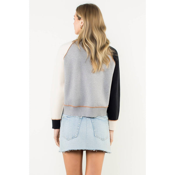 Colorblock Long Sleeve Knit Top: GRAY / XS-S-M-L(1-2-2-1) - Lulu Bella Boutique