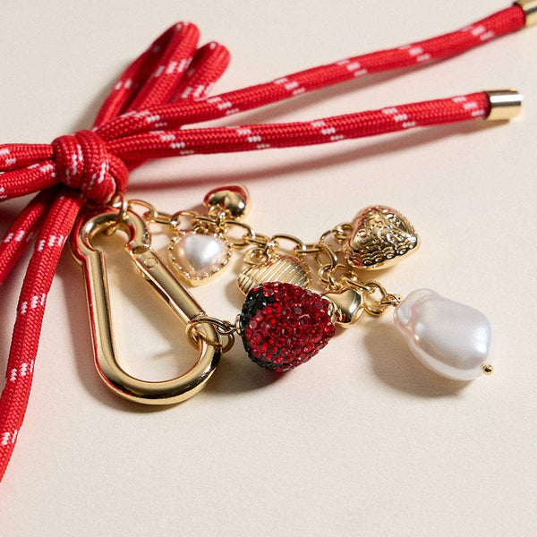 Bow Knot Accent Metal Heart Pearl Strawberry Charm Keychain / Bag Charm - Lulu Bella Boutique