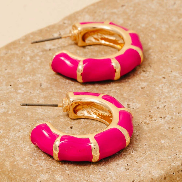 Enamel Bamboo Style Hoop Earrings: WHT - Lulu Bella Boutique