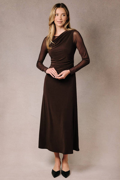 Asymmetric Cowl Neck Sheer Mesh Sleeve Bodycon Midi Dress: DK BROWN