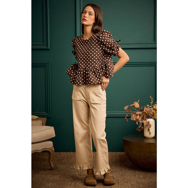 POLKA DOT BOW DETAIL SHORT SLEEVES PEPLUM TOP: BROWN/IVORY