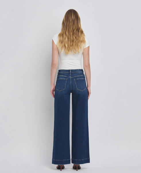 HIGH RISE PATCH POCKET TROUSER  HEM WIDE JEANS F5764D: DARK DENIM / 24 - Lulu Bella Boutique