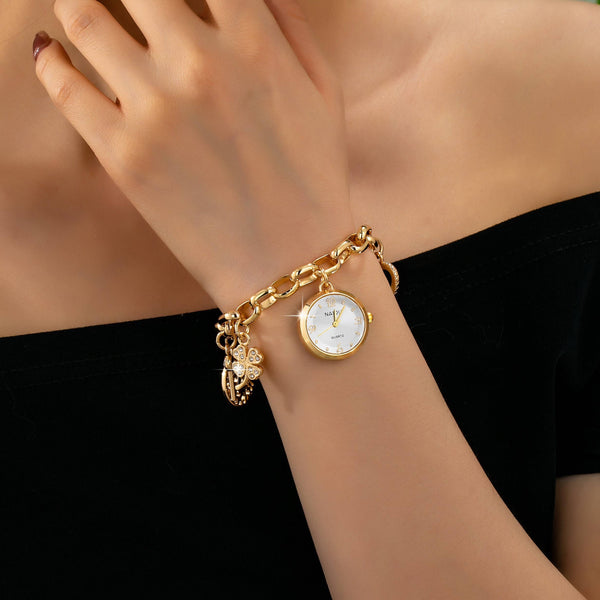 ROUND DIAL CHARM CLOVER HEART BRACELET WATCH | 80W016: Gold White - Lulu Bella Boutique