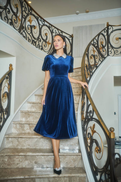 Francie Rhinestone Velvet Midi Dress: Navy