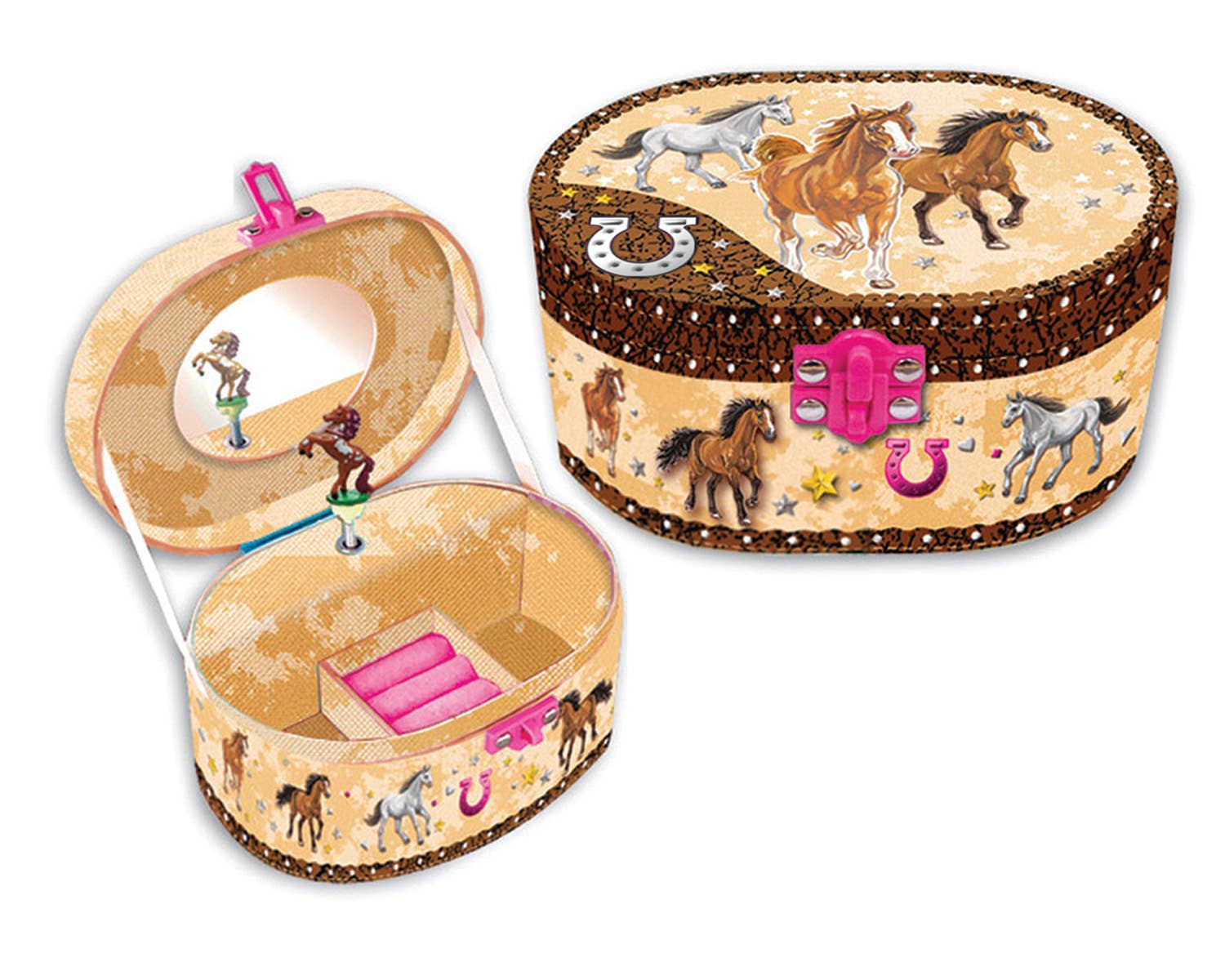 Oval Shaped Musical Jewelry Box, Dashing Horse