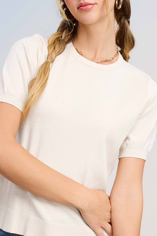 Soft Short Puffy Sleeve Basic Stretchy Knit Top: Milk