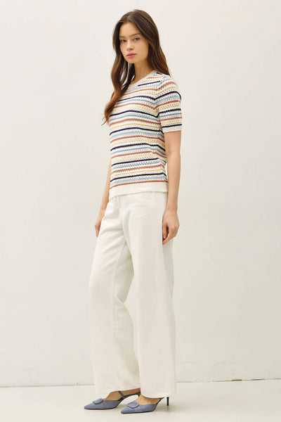 MULTI COLOR STRIPE SHORT SLEEVE TEXTURED SWEATER  : DENIM / S - Lulu Bella Boutique