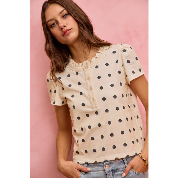 POLK-A-DOT KNIT LACE TRIM ON NECKLINE SHORT TOP: OFF WHITE/BLACK / S - Lulu Bella Boutique