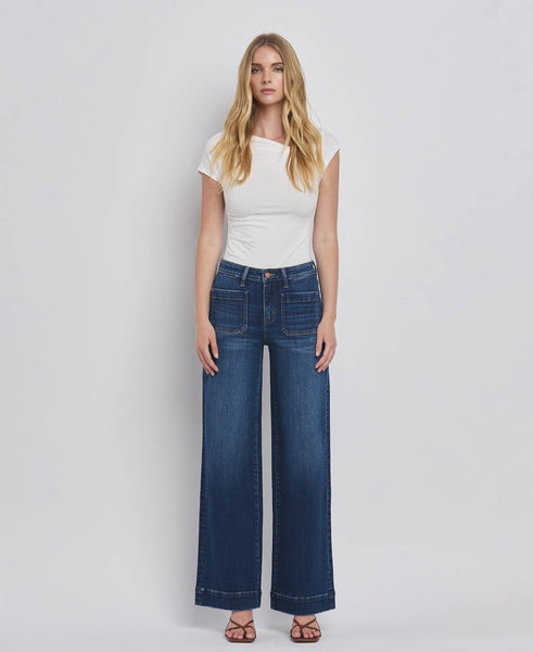 HIGH RISE PATCH POCKET TROUSER  HEM WIDE JEANS F5764D: DARK DENIM / 24 - Lulu Bella Boutique