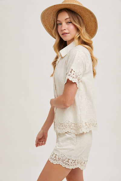 Embroidered Lace Trimmed Button Down Shirt: NATURAL - Lulu Bella Boutique