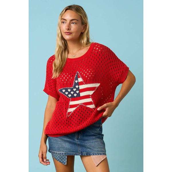 USA STAR PATCH OPEN KNIT SHORT SLEEVE SWEATER TOP: RED / S-M-L(2-2-2) - Lulu Bella Boutique