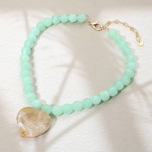 Chunky Marbled Resin Heart Charm Beaded Necklace: Ivory,Pink