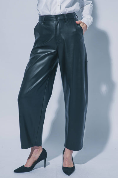 Faux Leather Barrel Leg Pants: BLACK