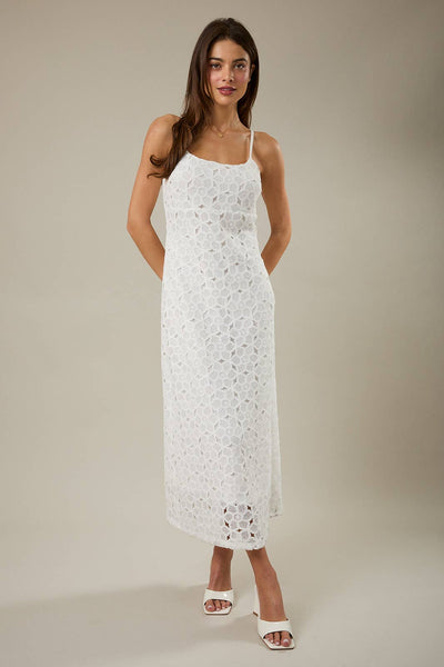SLEEVELESS FITTED LACE MIDI DRESS: White / S - Lulu Bella Boutique