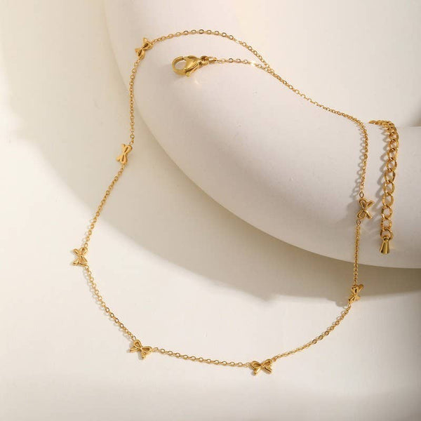 18K STAINLESS STEEL TARNISH FREE BOW NECKLACE | 40NK9512: GOLD - Lulu Bella Boutique