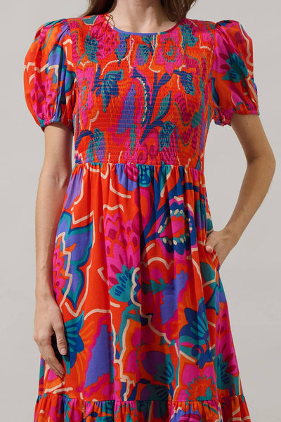 Kahlia Tropics Aruba Smocked Midi Dress: Red Multi / S - Lulu Bella Boutique