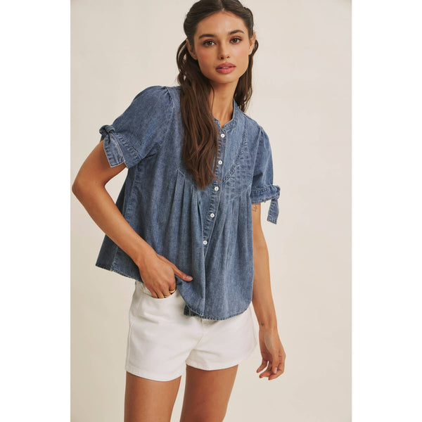 SUNNY DAY MINERAL-WASHED DENIM PINTUCK SHIRT WITH TIE SLVS: WASHED DENIM / S - Lulu Bella Boutique