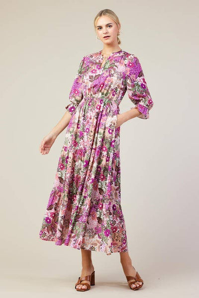 Long Sleeve Printed Split Neck Tiered Maxi Dress: Orchid Multi - Lulu Bella Boutique