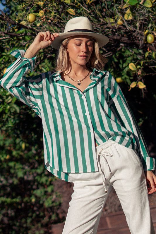 Oversized Stripe Button Down Collared Shirt: GREEN / S-2/M-2/L-2 - Lulu Bella Boutique