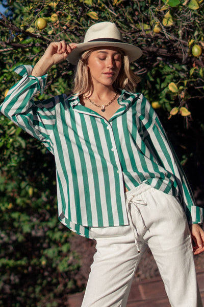 Oversized Stripe Button Down Collared Shirt: GREEN / S-2/M-2/L-2 - Lulu Bella Boutique