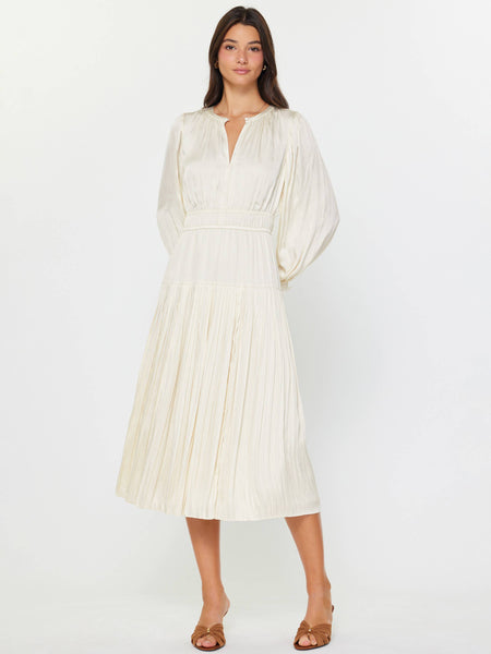 Pleated Long Sleeve Midi Dress: Ecru / XS - Lulu Bella Boutique