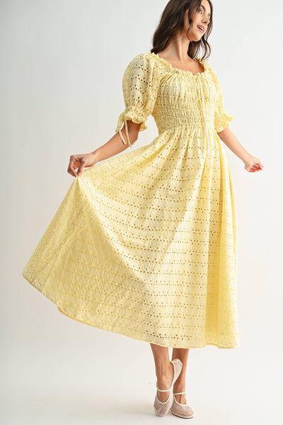 Eyelet Maxi Dress with Smocked Bodice Puff Sleeves: LT.YELLOW - Lulu Bella Boutique
