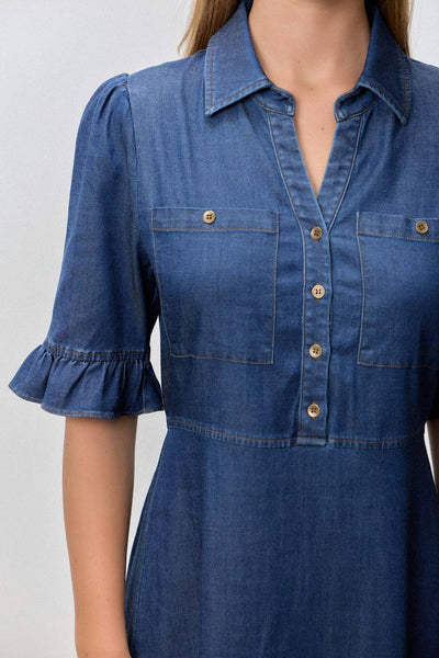Short Sleeve Tiered Denim Midi Shirt Dress: MEDIUM DENIM