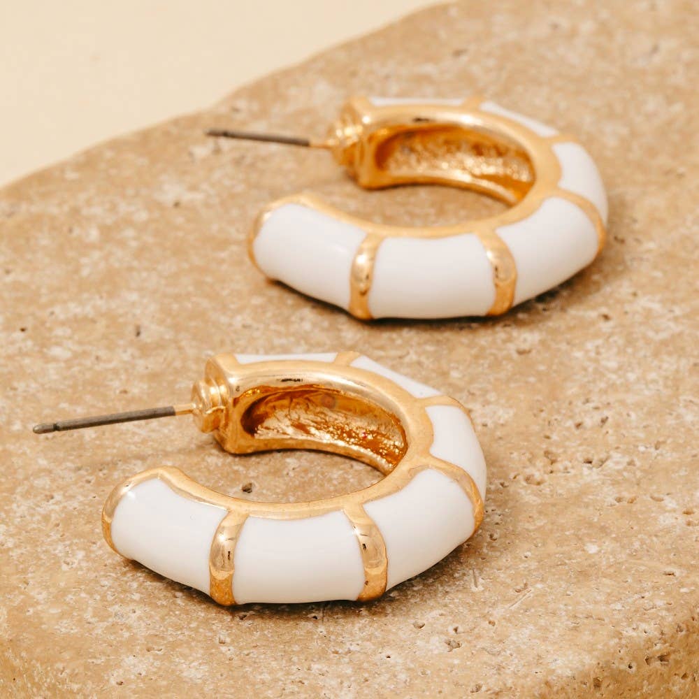 Enamel Bamboo Style Hoop Earrings: WHT - Lulu Bella Boutique