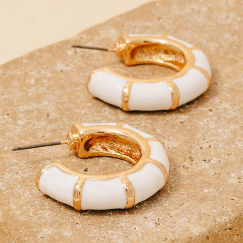 Enamel Bamboo Style Hoop Earrings: WHT - Lulu Bella Boutique