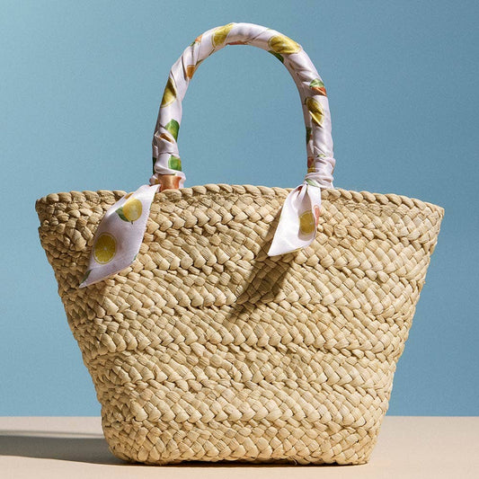 Fruit Print Fabric Scarf Wrapped Handle Raffia Tote Bag - Lulu Bella Boutique