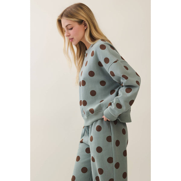 Polka Dot Crew Neck Sweatshirt: Sage/Brown
