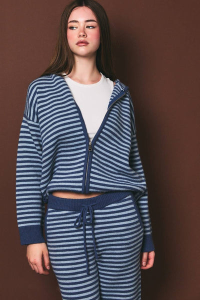 LONG SLEEVE STRIPE SWEATER HOODIE: DUSTY BLUE STRIPE