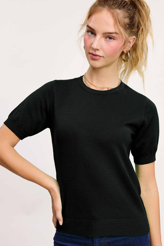 Soft Short Puffy Sleeve Basic Stretchy Knit Top: Onyx