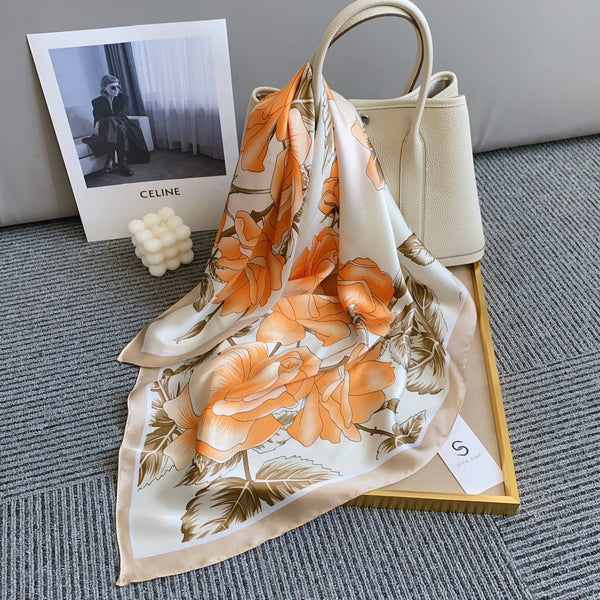 FLOWER SILKY BANDANA SQUARE NECK SCARF, DS 31169: YL - Lulu Bella Boutique