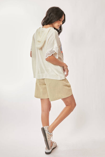 AMERICAN FLAG LOOSE FIT LACE SLEEVE HOODIE TOP: IVORY WHITE / L - Lulu Bella Boutique