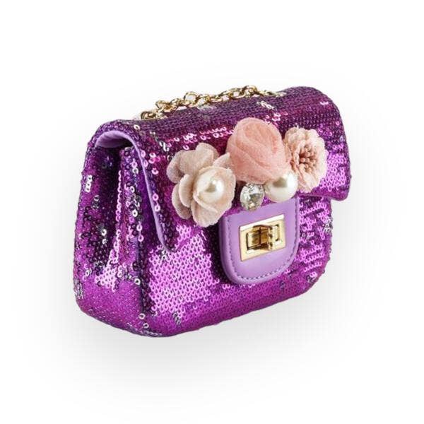 B1301 Floral Appliques Sequin Purse (5 Colors): Purple