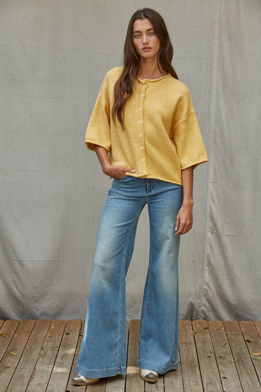 Knit Sweater Quarter Sleeve Button Up Cardigan Top: Light Mustard