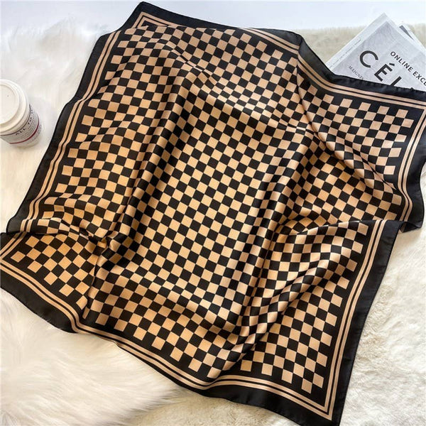 LARGE CHECKER PRINT SILKY FEEL BANDANA SCARF: Brown
