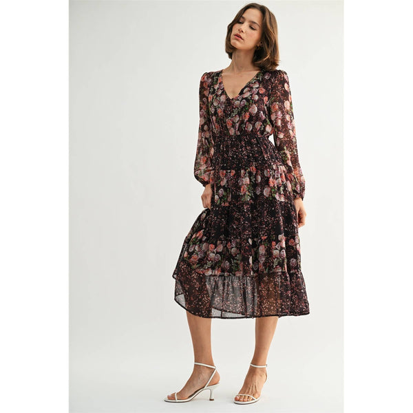 MIX FLOWER V NECK MIDI DRESS: Burgundy