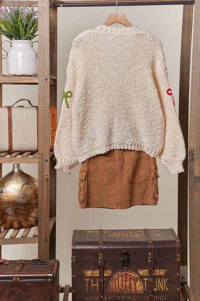 Ribbon Patched Button Down Cardigan: Ivory / L