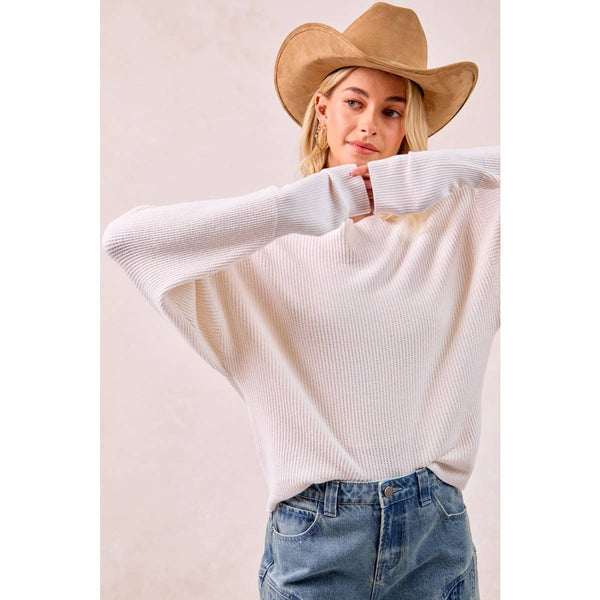 WAFFLE KNIT OFF SHOULDER TOP: IVORY / S - Lulu Bella Boutique