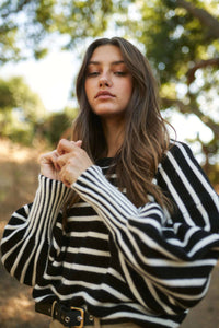 Stripe Puff Sleeve Sweater: Black/White / M