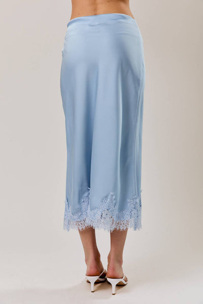 LACE APPLIQUE SATIN BIAS MIDI SKIRT: LT BLUE / S - Lulu Bella Boutique