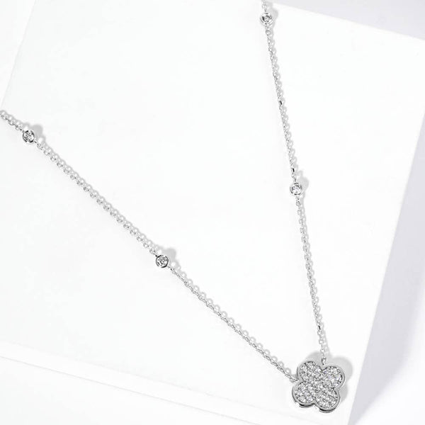 Gold Dipped CZ Pave Quatrefoil Pendant Accent Bezel Station Chain Necklace: Clear,Gold - Lulu Bella Boutique
